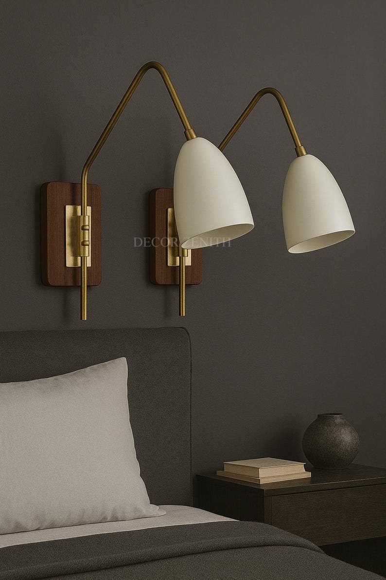 Mid-Century Modern Brass Wall Sconce Pair – Wood Backplate, Adjustable Cone Shade Bedside Lights, Indoor Lighting for Bedroom/Living Room