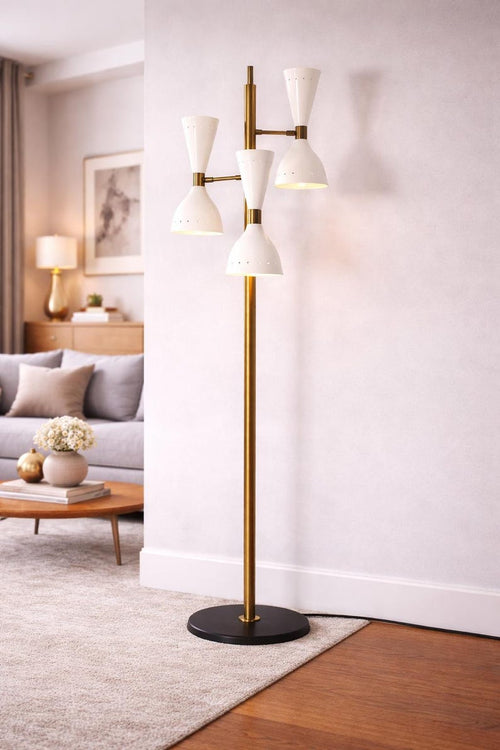 Mid-Century Modern Brass Floor Lamp • Stilnovo Inspired Double Cone Standing Lamp • MCM Vintage Sputnik Lighting