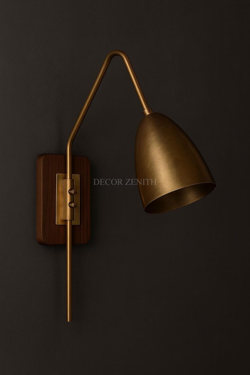 Mid-Century Modern Brass Wall Sconce Pair – Wood Backplate, Adjustable Cone Shade Bedside Lights, Indoor Lighting for Bedroom/Living Room