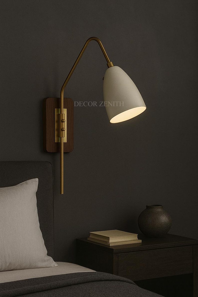 Mid-Century Modern Brass Wall Sconce Pair – Wood Backplate, Adjustable Cone Shade Bedside Lights, Indoor Lighting for Bedroom/Living Room