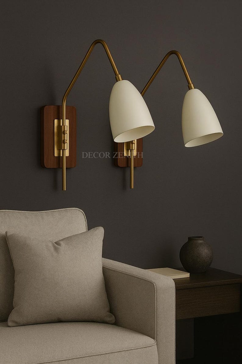 Mid-Century Modern Brass Wall Sconce Pair – Wood Backplate, Adjustable Cone Shade Bedside Lights, Indoor Lighting for Bedroom/Living Room
