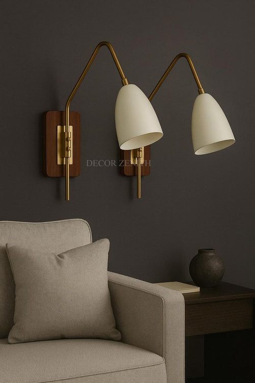 Mid-Century Modern Brass Wall Sconce Pair – Wood Backplate, Adjustable Cone Shade Bedside Lights, Indoor Lighting for Bedroom/Living Room