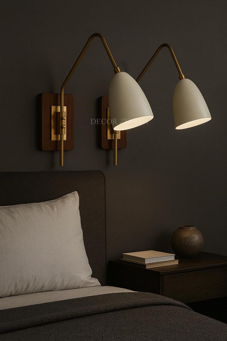Mid-Century Modern Brass Wall Sconce Pair – Wood Backplate, Adjustable Cone Shade Bedside Lights, Indoor Lighting for Bedroom/Living Room