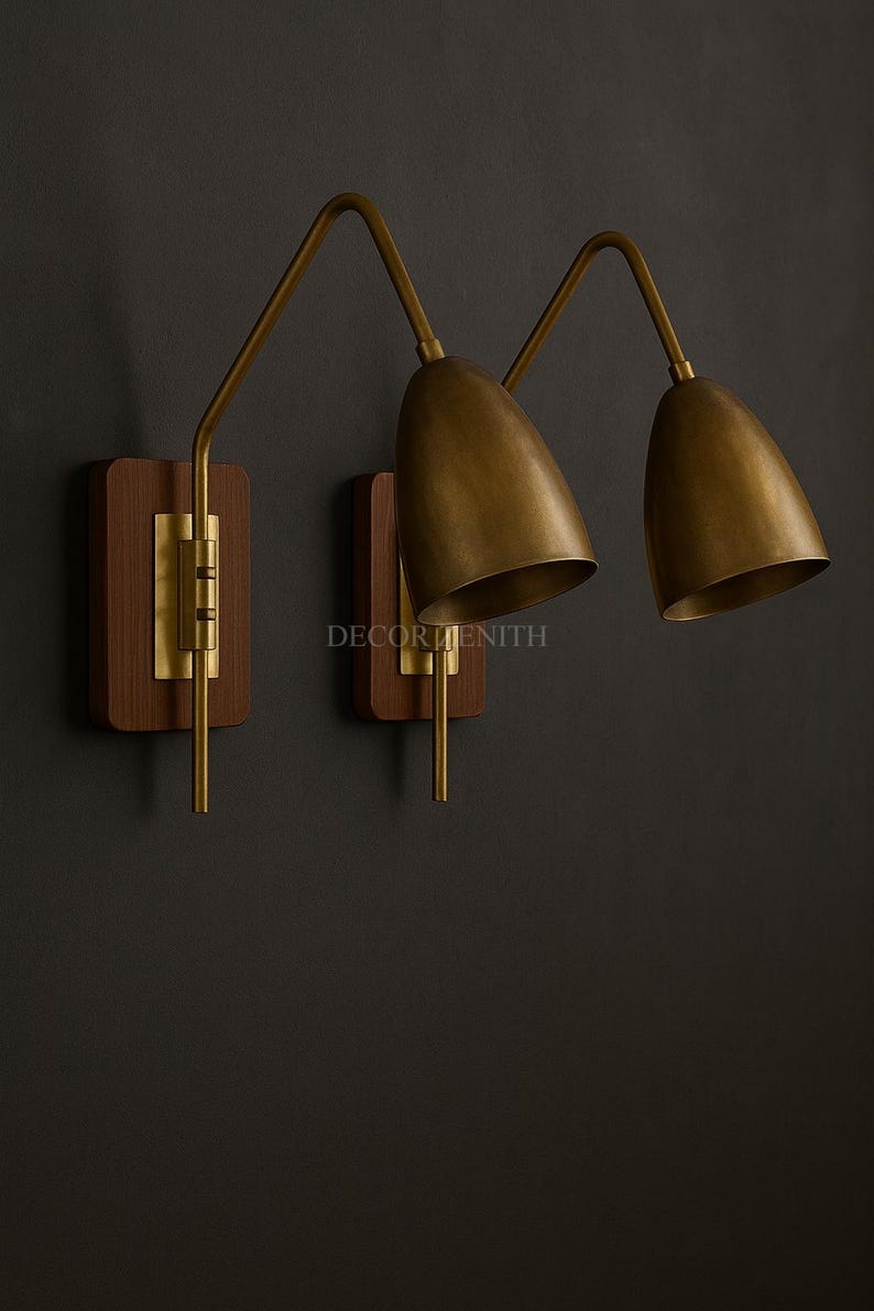 Mid-Century Modern Brass Wall Sconce Pair – Wood Backplate, Adjustable Cone Shade Bedside Lights, Indoor Lighting for Bedroom/Living Room