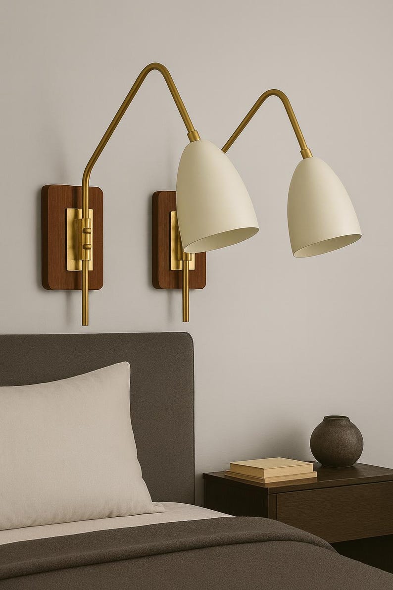 Mid-Century Modern Brass Wall Sconce Pair – Wood Backplate, Adjustable Cone Shade Bedside Lights, Indoor Lighting for Bedroom/Living Room