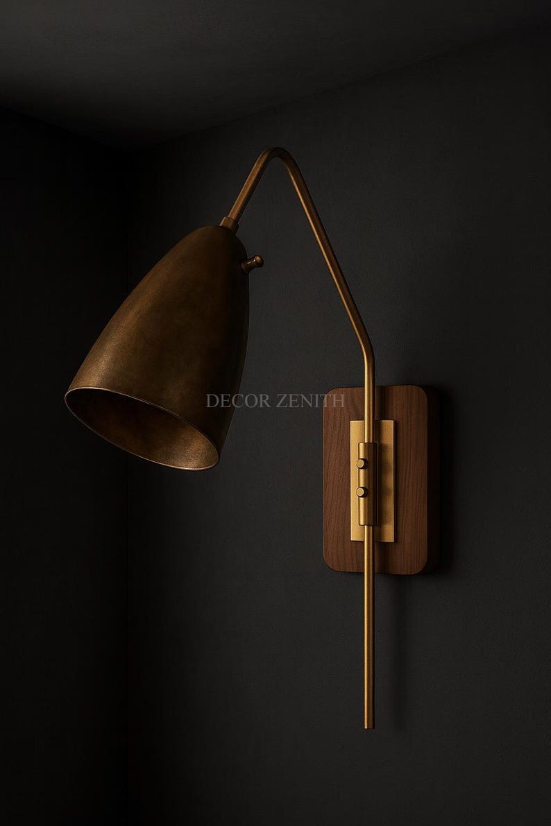Mid-Century Modern Brass Wall Sconce Pair – Wood Backplate, Adjustable Cone Shade Bedside Lights, Indoor Lighting for Bedroom/Living Room