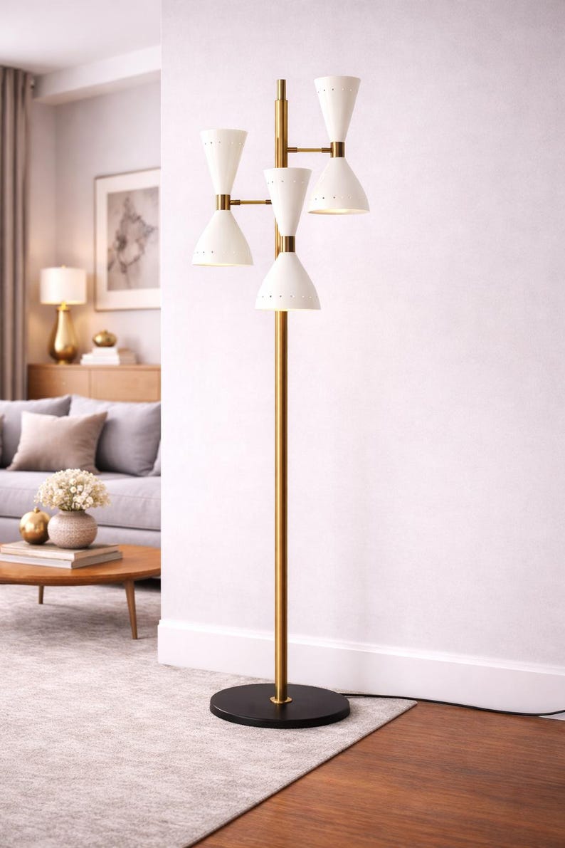 Mid-Century Modern Brass Floor Lamp • Stilnovo Inspired Double Cone Standing Lamp • MCM Vintage Sputnik Lighting