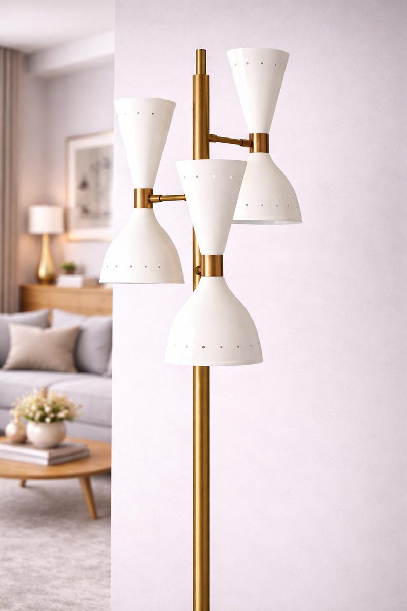 Mid-Century Modern Brass Floor Lamp • Stilnovo Inspired Double Cone Standing Lamp • MCM Vintage Sputnik Lighting